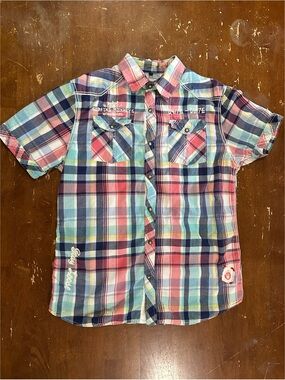 McNeal Cotton Surfing Monkeys Patchwork Plaid Button Down Shirt Size Medium
